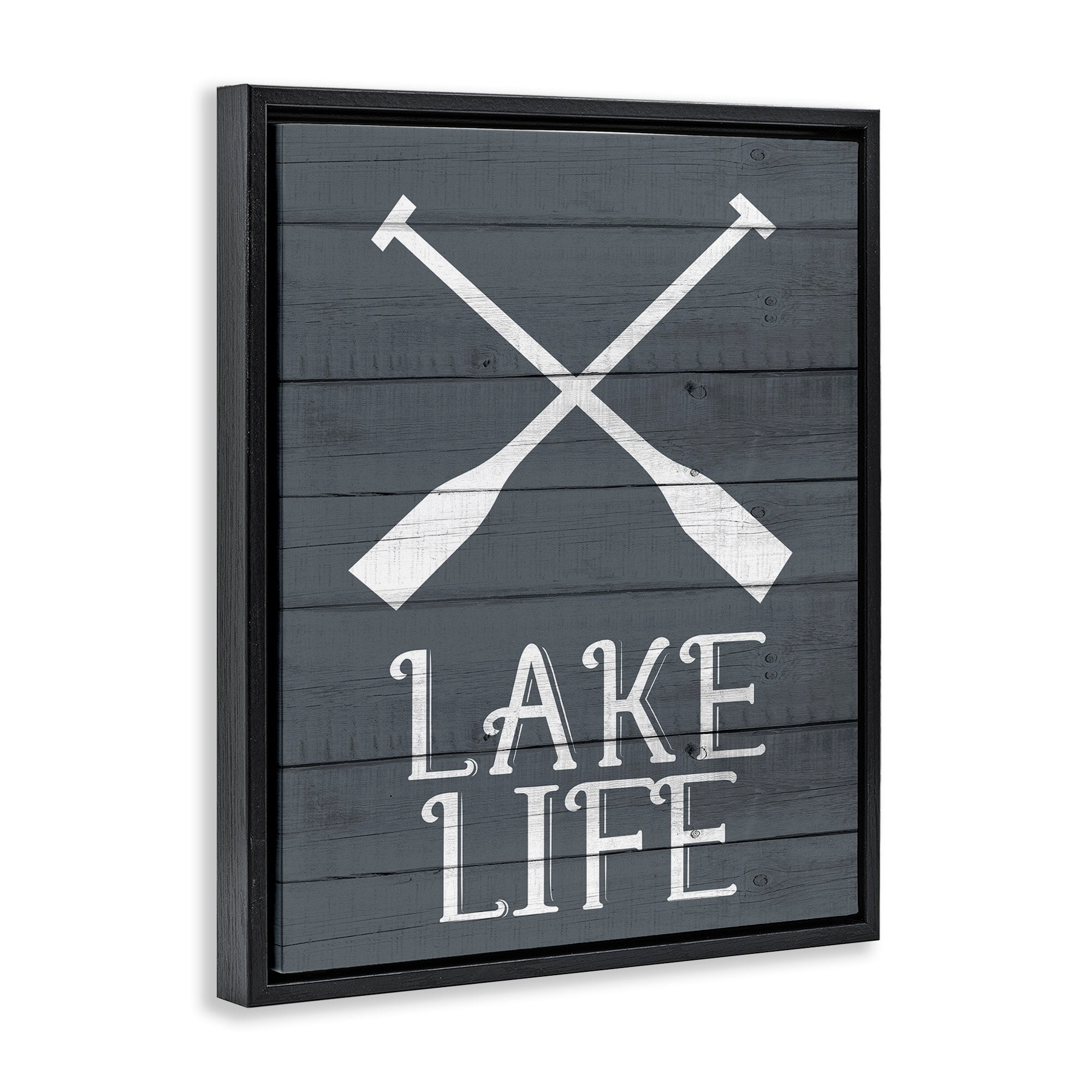 Stupell Industries Nautical Blue Lake Life Phrase Rustic Boat Oars Jet Black Framed Floating Canvas Wall Art, 16x20, by Kim Allen
