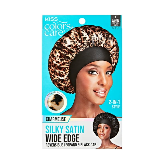 Kiss Colors & Care Silky Satin Reversible Hair Bonnet Cap, Wide Edge, XL, Leopard