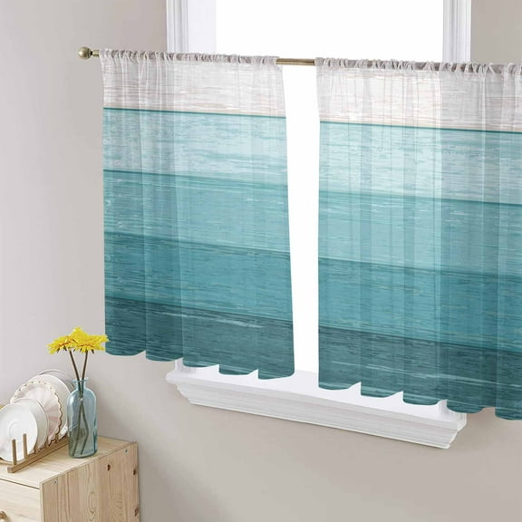 Teal Ombre Sheer Curtains 54 Inches Length 2 Panels Set, Window Sheer Curtains for Living Room/Bedroom, Farmhouse Vintage Wooden Striped Light Filtering Rod Pocket Curtain 52'' x 54'' x 2