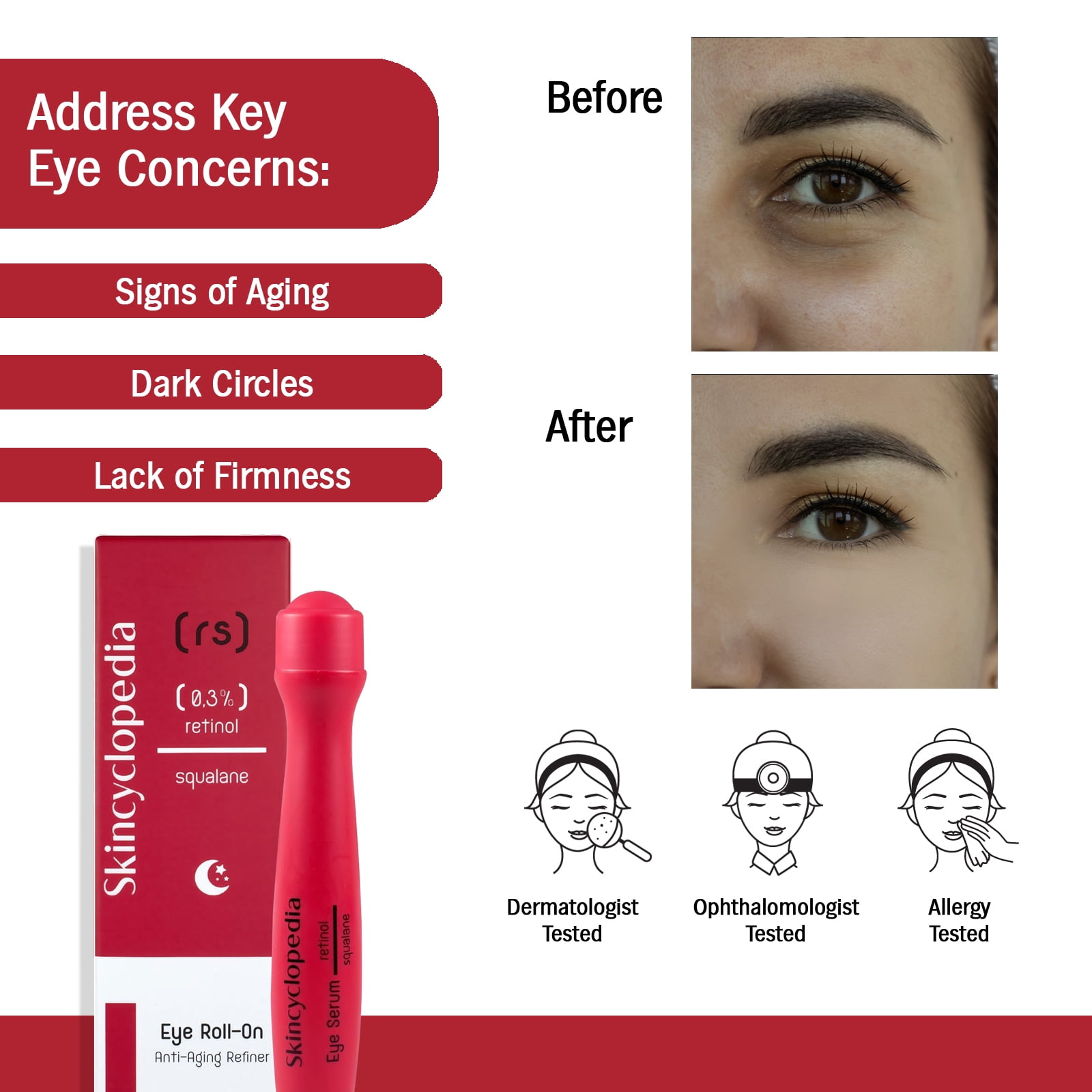 Skincyclopedia Retinol & Squalane Face Treatment, Facial Serum, Under Eye Roll-On & Hydrogel Patches, Energizing Serum for Dark Circles, Puffiness Bags, Fine Lines & Wrinkles, Firms & Brightens Skin.