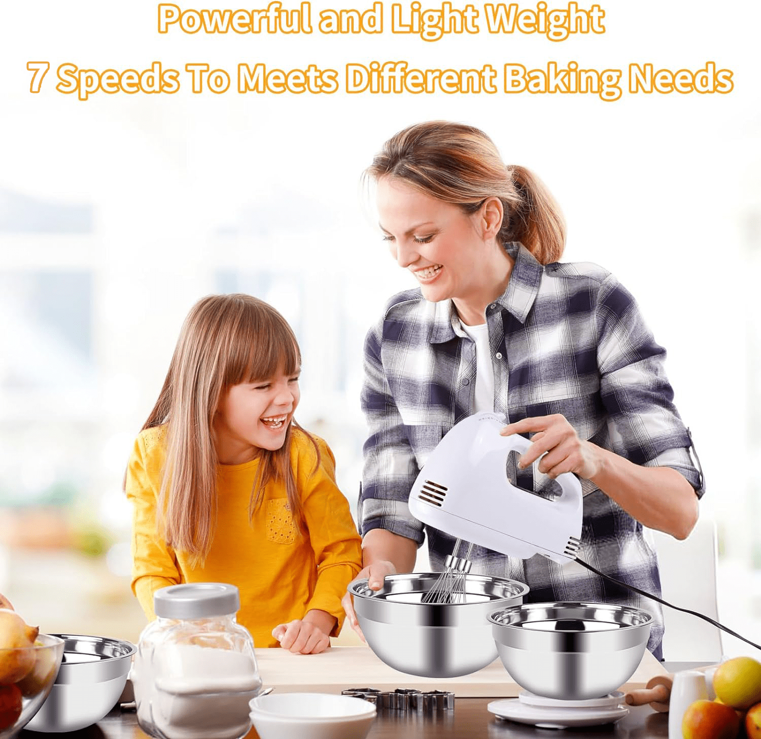 7-Speed Electric Hand Mixer,5 Large Mixing Bowls Set,Handheld Mixers with Whisks Beater,Stainless Steel Metal Nesting Bowl Measuring Cups Spoons Kitchen Cake Blender for Prep Baking Supplies