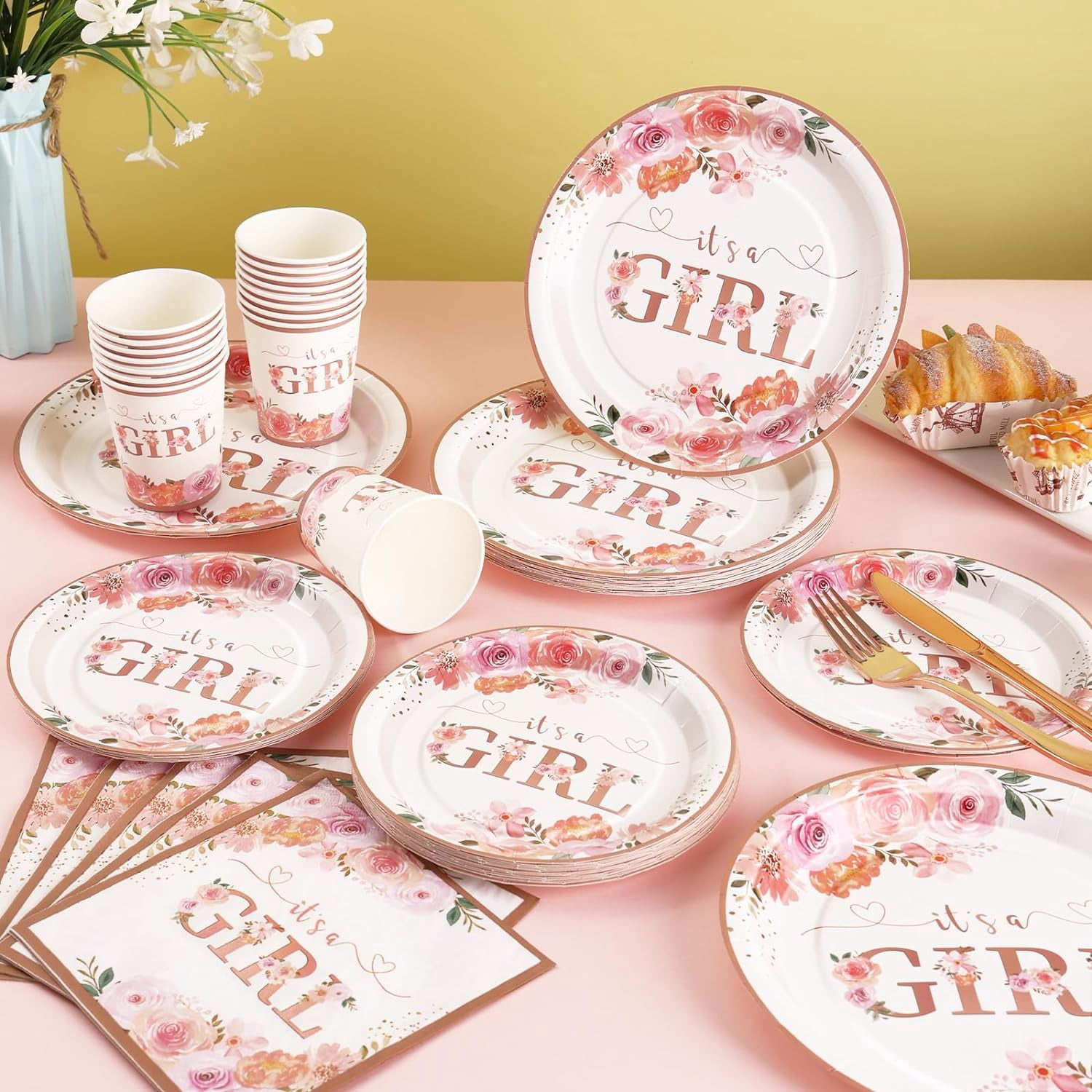 175 PCS Baby Shower Decorations for Girl, Floral Baby Shower Plates and Cups and Napkins Sets Serve 25, It's a Girl Plates Set for Baby Girl Gender Reveal Birthday Party Decorations