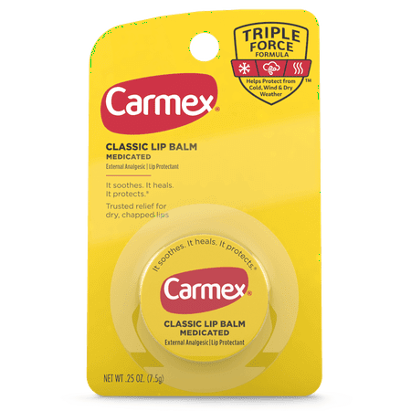 Carmex Classic Medicated Lip Balm Jars For Dry Chapped Lips Triple Force Formula .25 Oz.,Each,(4 Pack)