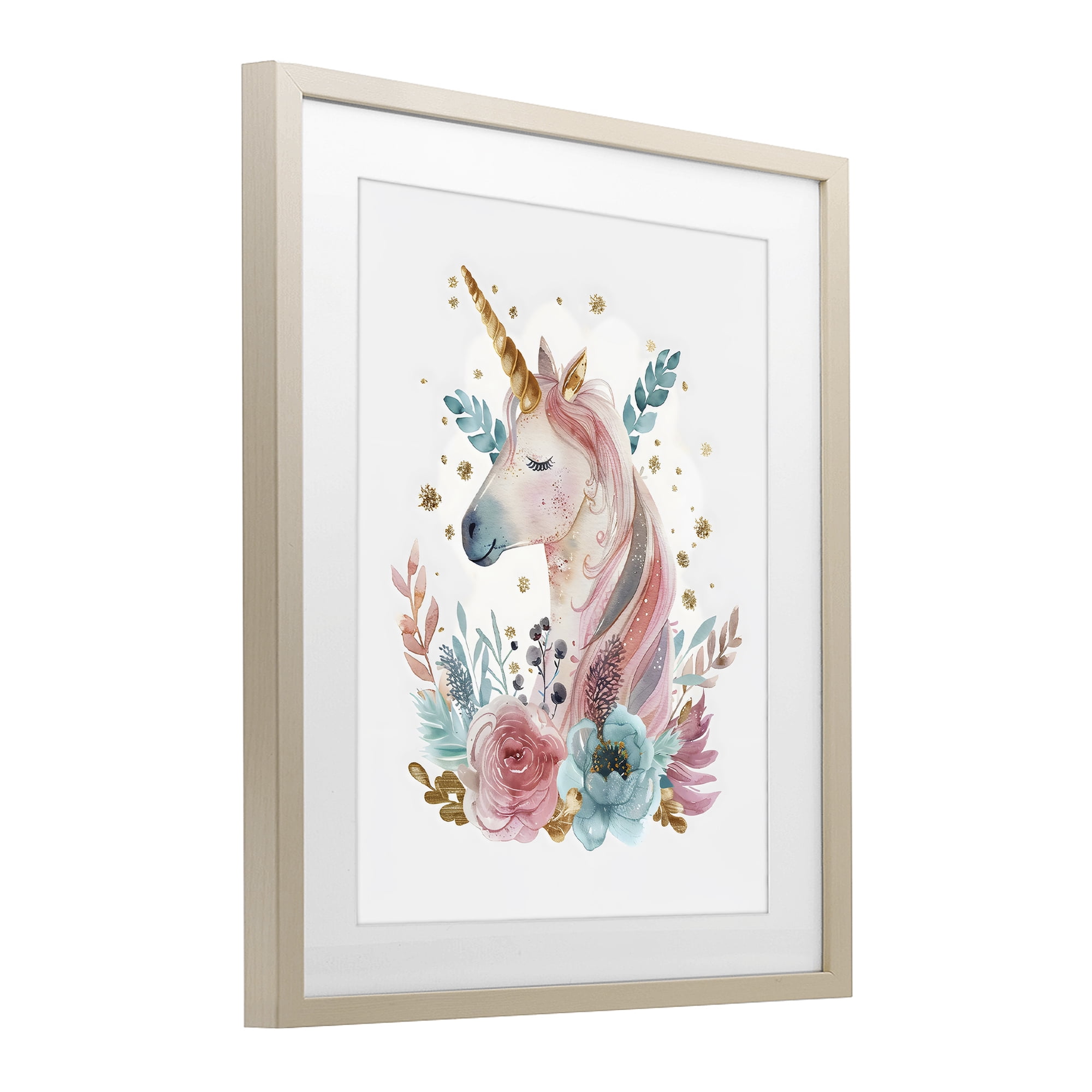 Stupell Industries Floral Unicorn with Gold Details Birch Framed Print Under Glass, design by LSR Design Studio