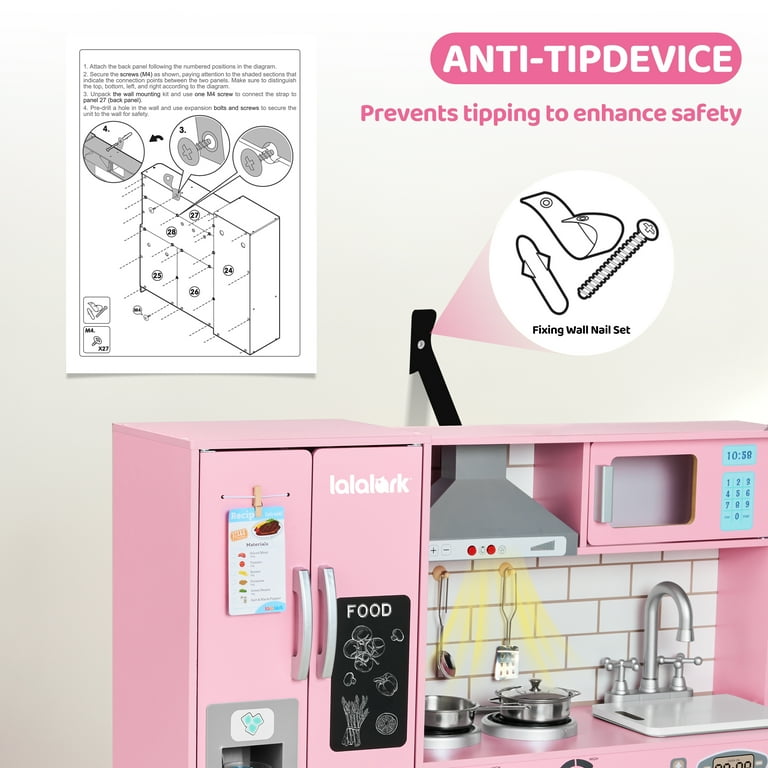 Lalalark Pink Wooden Kitchen Playset for Kids, Realistic Play