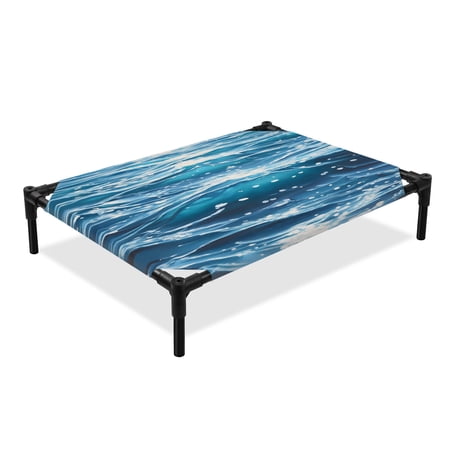 Abstract Ocean Wave Elevated Dog Bed Modernism Blue Marine Cooling Breathable Outdoor Raised Dog Cot Bed with Metal Frame Non-Slip Feet for Large Dog 28x22in