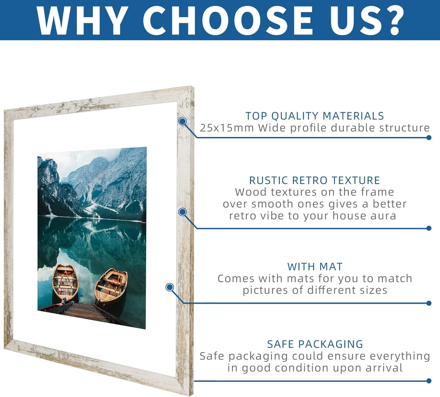 16x20 Frames Set of 2, Distressed White Wood Style - Display 16 x 20 Picture without Mat or 11x14 Picture with Mat, Wall Mounting Horizontal and Vertical