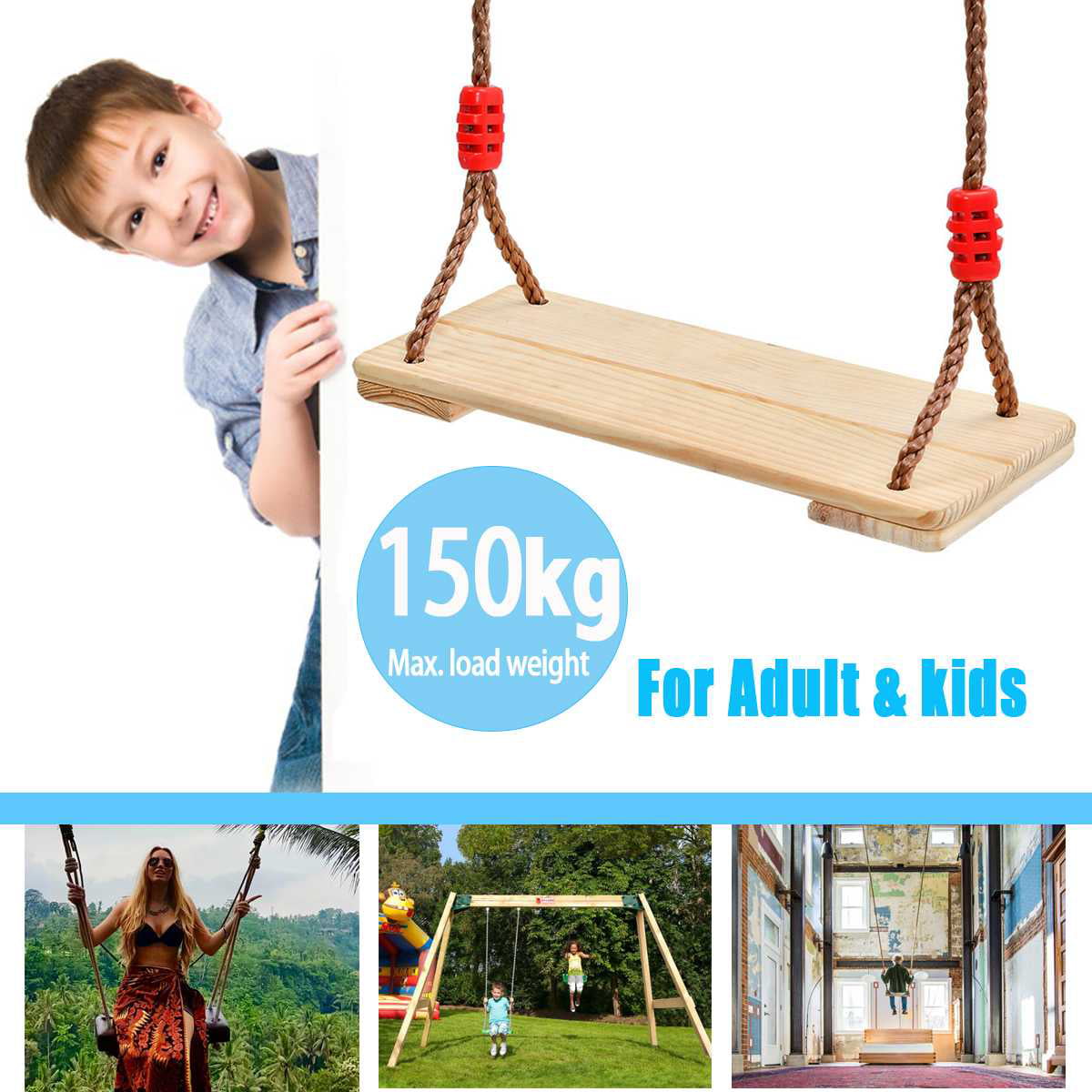 150kg Capacity Hardwood Children Wooden Hanging Swings Seat Adjustable Rope Tree Swing Kids Adult Wood Outdoor XL
