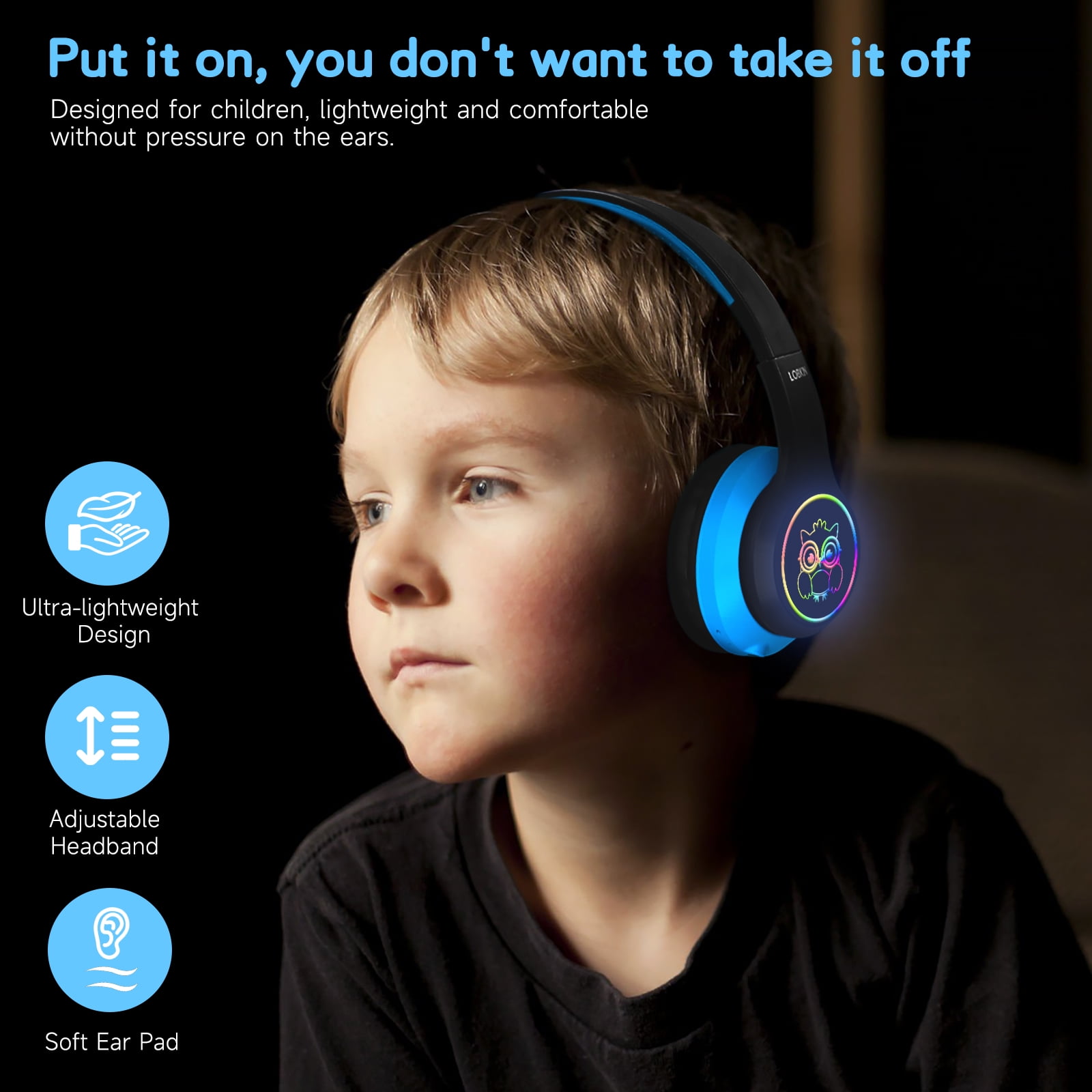 LOBKIN Kids Wireless Headphone Fashion Cute Headset for Girls Boys School/Travel/Tablet,Blcak