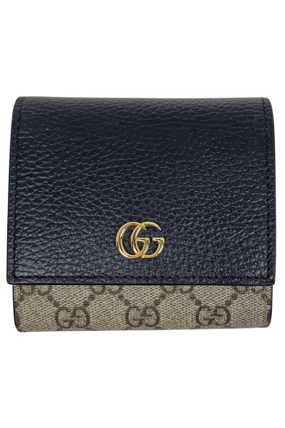 Pre-Owned Gucci Double G Bicolor Medium Wallet GG Supreme Bi-fold Coated Canvas Beige Black...