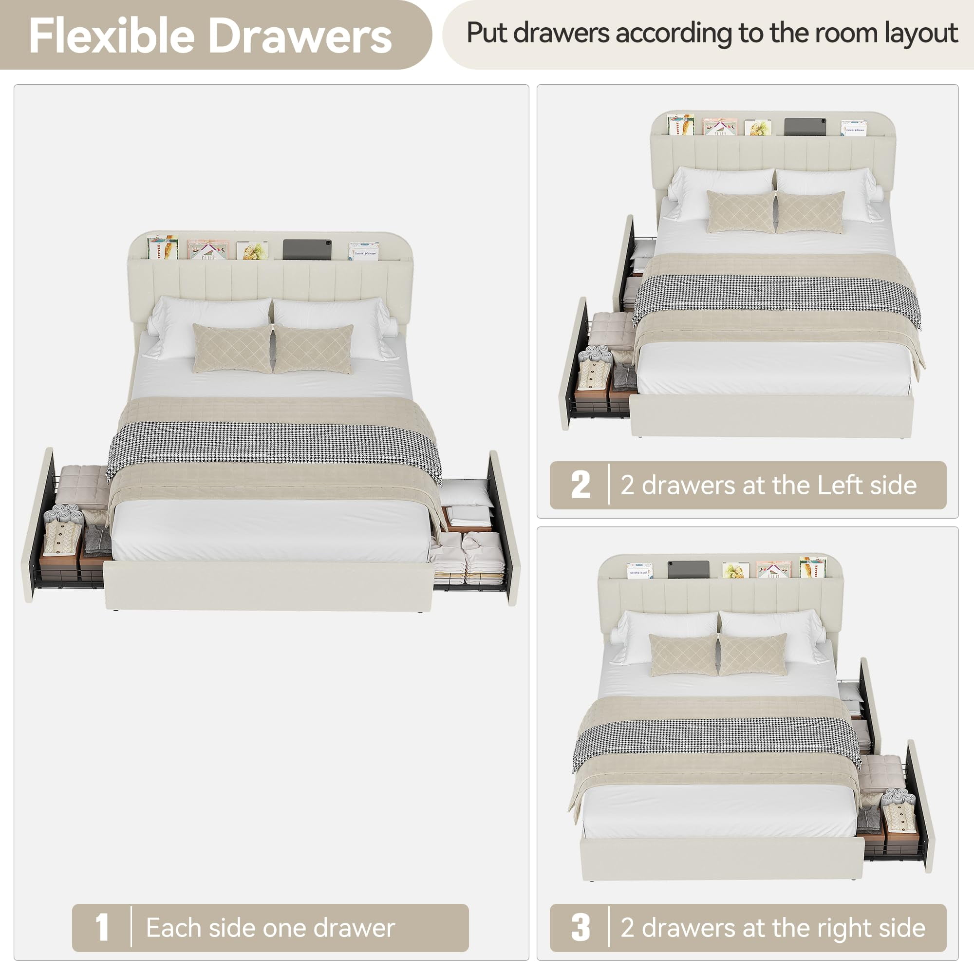 Upholstered FULL Platform Bed, FULL Size Bed Frame with Storage Underneath and Headboard, Wood Platform Bed for Bedroom (White)