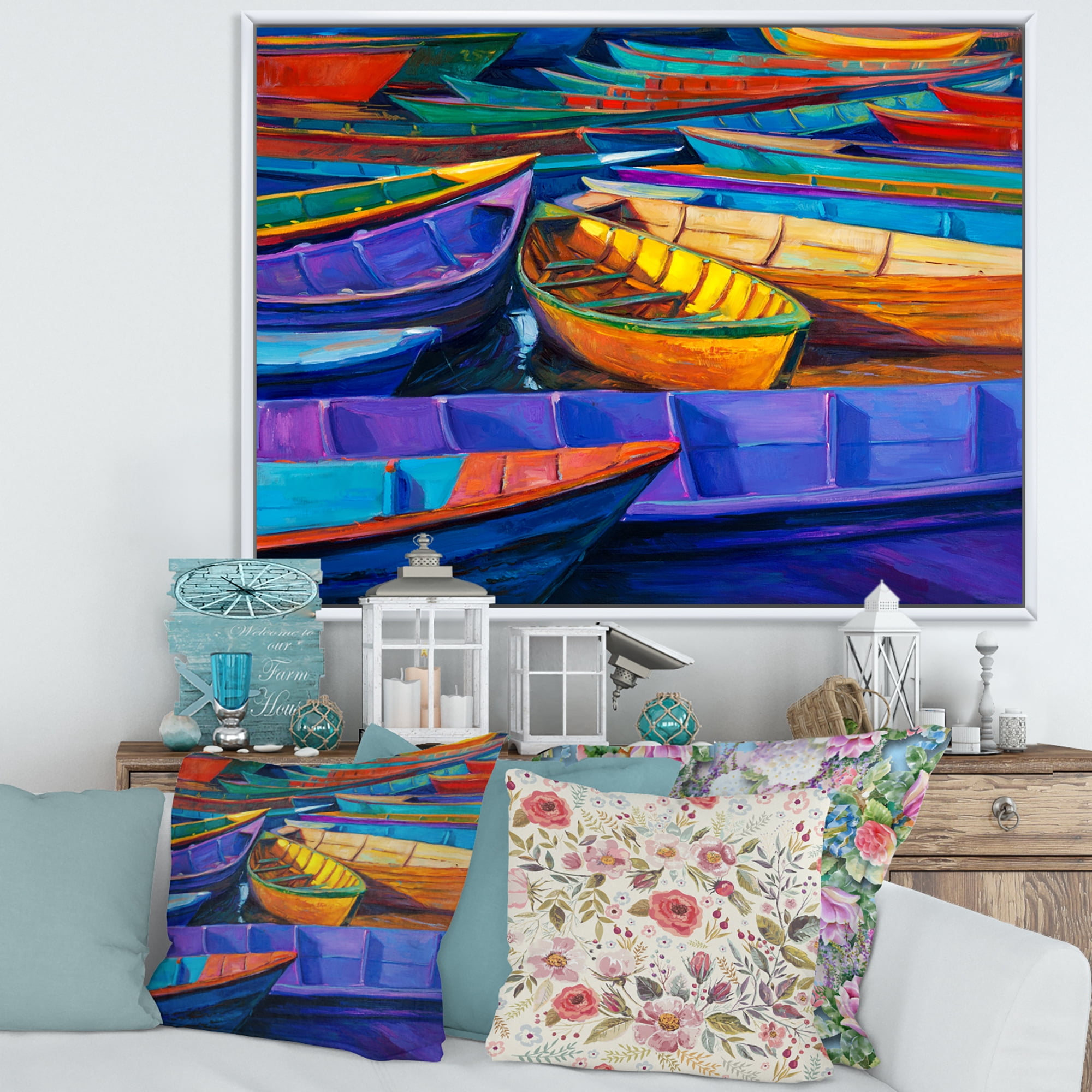 Designart 'Boats During Warm Sunset Resting On The Water II' Nautical & Coastal Framed Canvas Wall Art Print