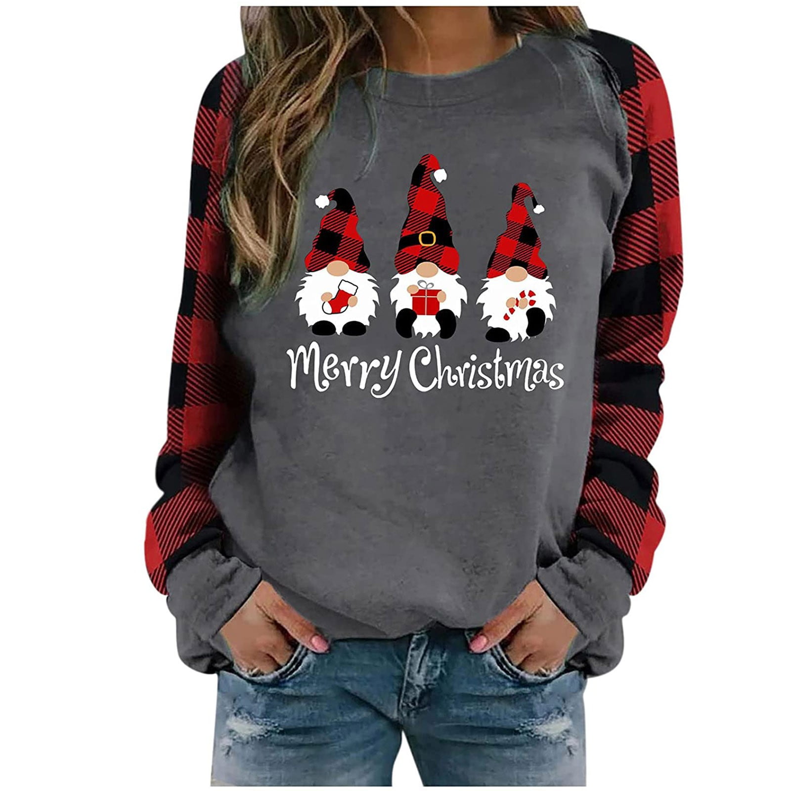 Christmas Long Sleeve Shirts for Women Plus Size Trendy Crewneck Sweatshirts Gnome Reindeer Graphic Plaid Splicing Tops