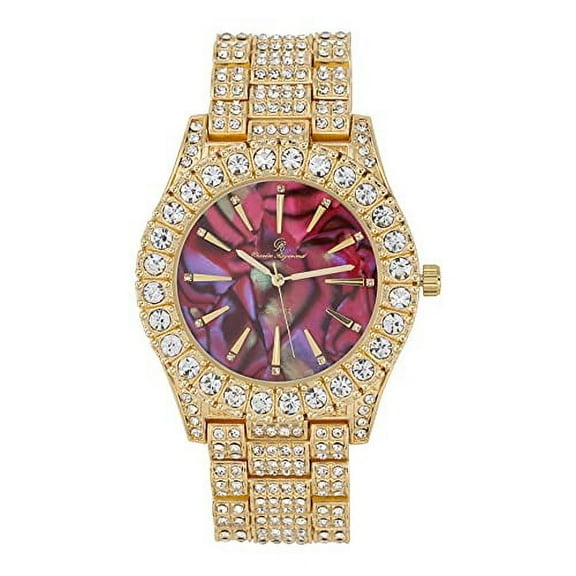 Charles Raymond Mens Blinged Out Gold Big Rocks Timepiece w/Minimilist Index Time Indicators Overlayed on Beautiful Colorful Hip Hop Iced Out Design Dials - ST10327MO (Red Abalone MOP)
