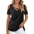 thumbnail image 4 of Womens Summer Shirts V Neck Criss Cross Cold Shoulder Tops Blouse, 4 of 5