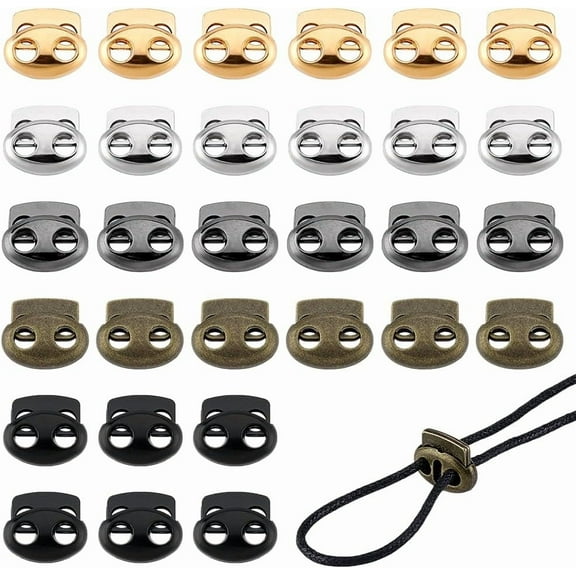30pcs 5 Colors Metal Cord Locks Double Hole Spring Stopper Fastener Slider Toggles End Clamp Toggle Stop Slider Alloy Spring Cord Lock Clasps for Drawstrings Bag Shoelaces Hat Hole 4mm diy