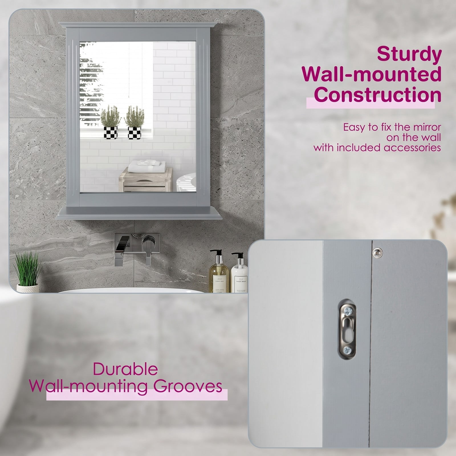 ALPULON Wall-Mounted Multipurpose Vanity Mirror with Shelf, MDF Framed Bathroom Wall Mirror with Storage Shelf for Entryway Bedroom Living Room Hotel, 22.5 x 27, Gray