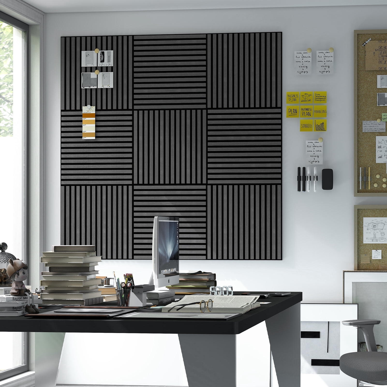 Upick MDF Acoustic Wall Panels Sound Absorbing, 4 Pack 24 x 24 inch Sound Proof Foam Wall Panels & Wood Slat Wall Panels for Interior Wall Decor (Matte Black)