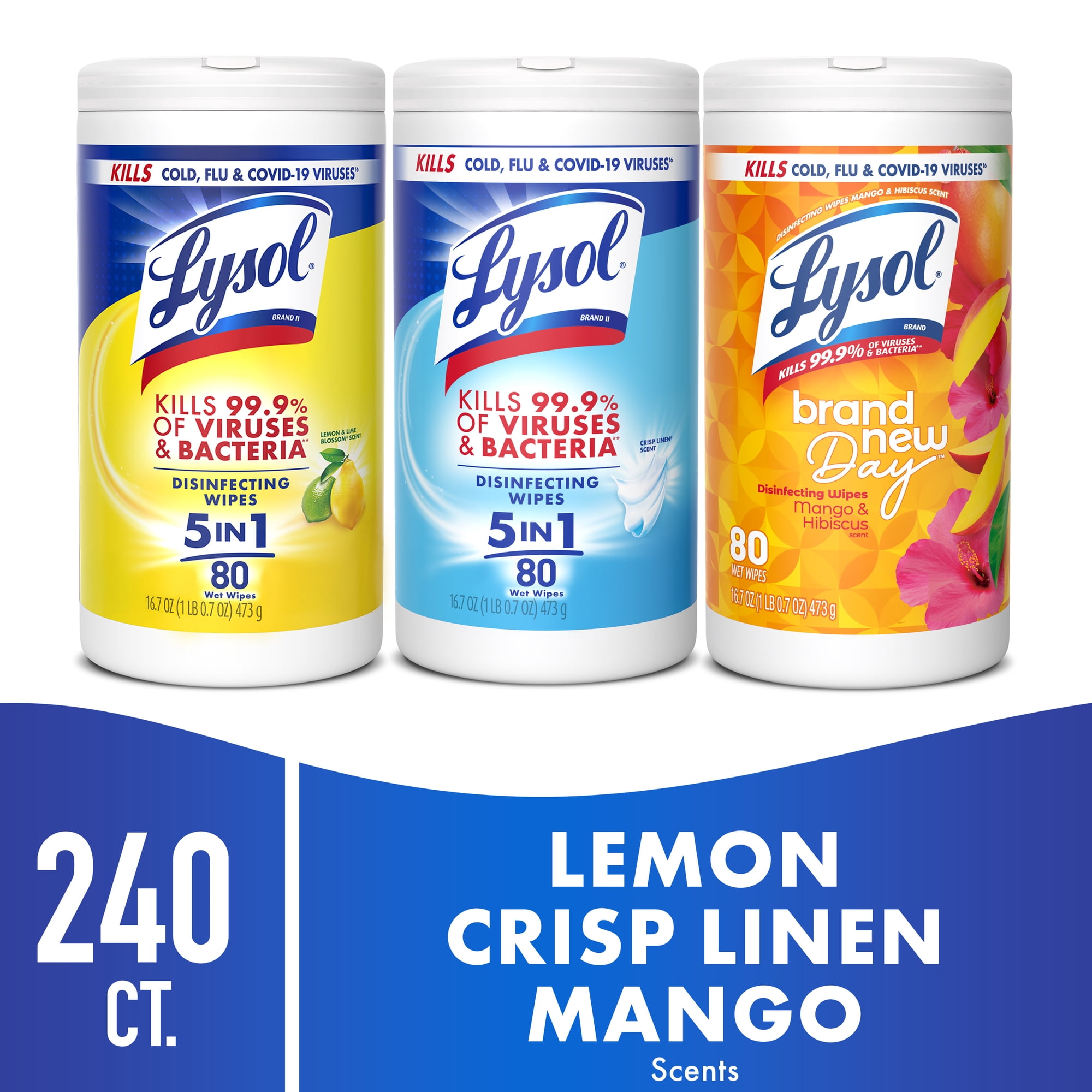 Lysol Disinfecting Wipes, All Purpose Cleaner, Multi Surface Antibacterial Cleaning Wipes, Cleaning Supplies, Lemon + Crisp Linen + Mango & Hibiscus Scent, 80 Count Each (Pack of 3)