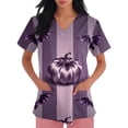 thumbnail image 2 of Domuza Halloween Scrubs Shirts Women Pumpkin Graphic Casual Soft Stretchy Short Sleeve V-Neck Tshirts Breathable Nurse Uniforms Top with Pocket Blue L, 2 of 5