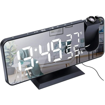ThreeH Projection Alarm Clock for Bedroom Large 7.4'' LED Mirror Display & 4 Dimmer Radio Alarm Clock with USB Charging 180° Rotable 2 Sounds