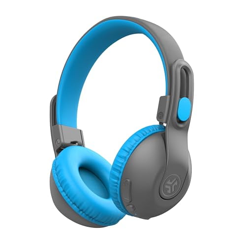 JLab JBuddies Studio 2 Auriculares supraaurales inalámbricos + con cable para niños, gris/azul, duración de batería de más de 65 horas, modo compartido, volumen seguro, limitador de volumen, plegables