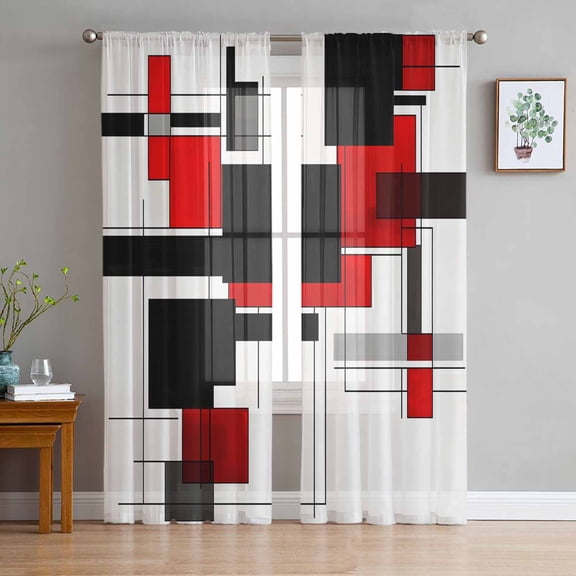 ERUNPONLY Red Grey Black Sheer Curtains 84 Inch Length 2 Panels Set, Irregular Modern Geometric Abstract Voile Window Treatment Curtains Sheers Drapes for Bedroom/Living Room/Kitchen 52"x84"x2