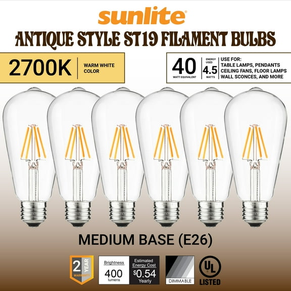 Sunlite LED ST19 Filament Style Edison Light Bulb, 4.5 Watts (40W Equivalent), Medium Base (E26), Dimmable, Clear, UL Listed, 2700K Warm White, 6-Pack