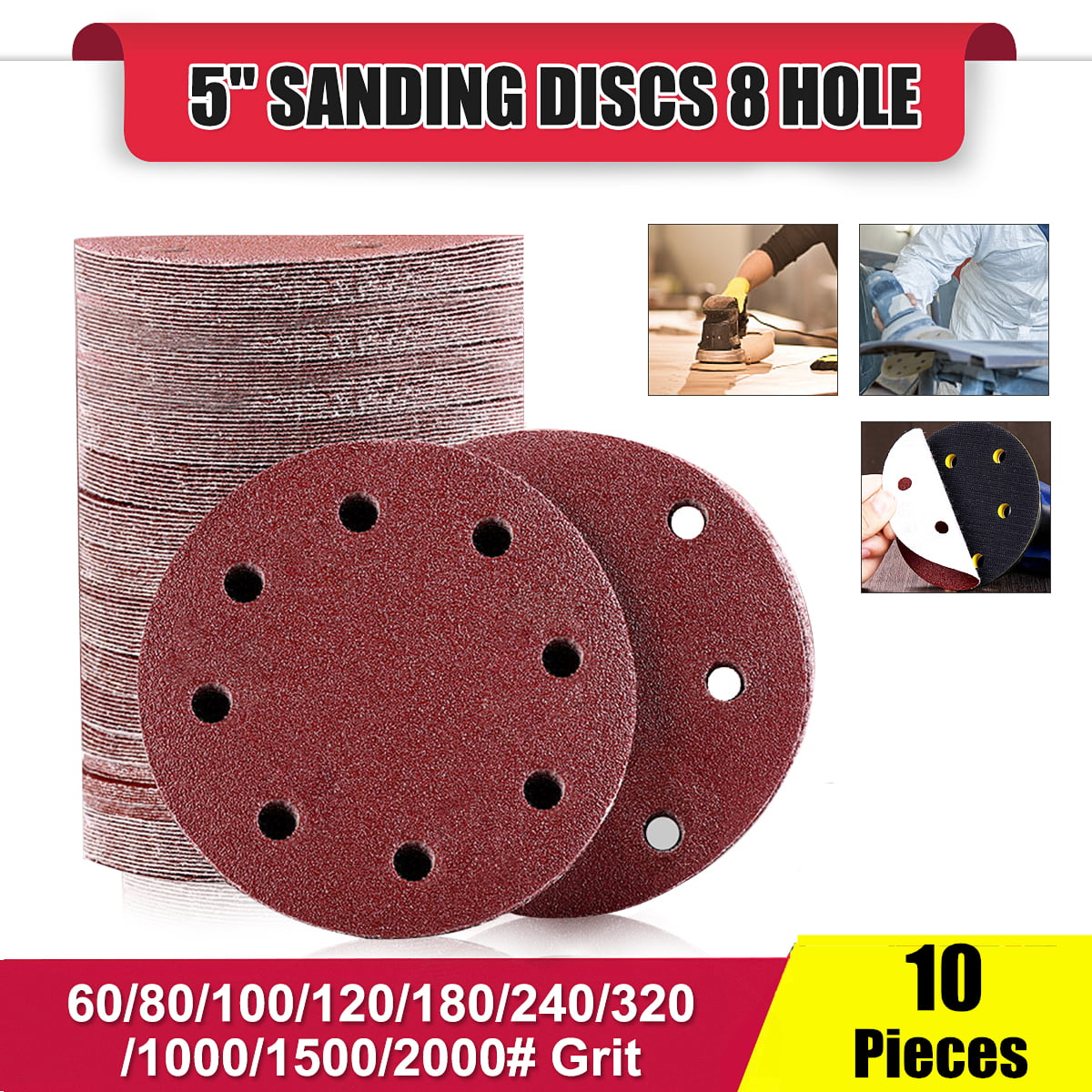10PCS 5/" Hook And Loop Sanding Paper 125mm Disc Abrasive Sander Pad 80~1000 Grit
