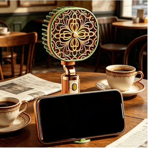 Yardvibe Portable Handheld Fan with Phone Stand, 7.9" USB Rechargeable Vintage Floral Desk Fan with 3 Speeds Airflow, Quiet Personal Fans for Home Office Travel (Orange)