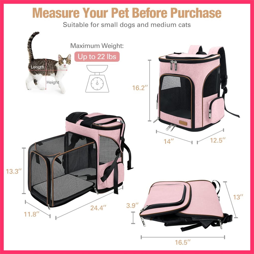 Lekesky - Expandable Pet Carrier Backpack for Cats & Small Dogs (Up to 25 lbs) - Travel, Hiking | Pink, Grey, Blue, Black, Stripes