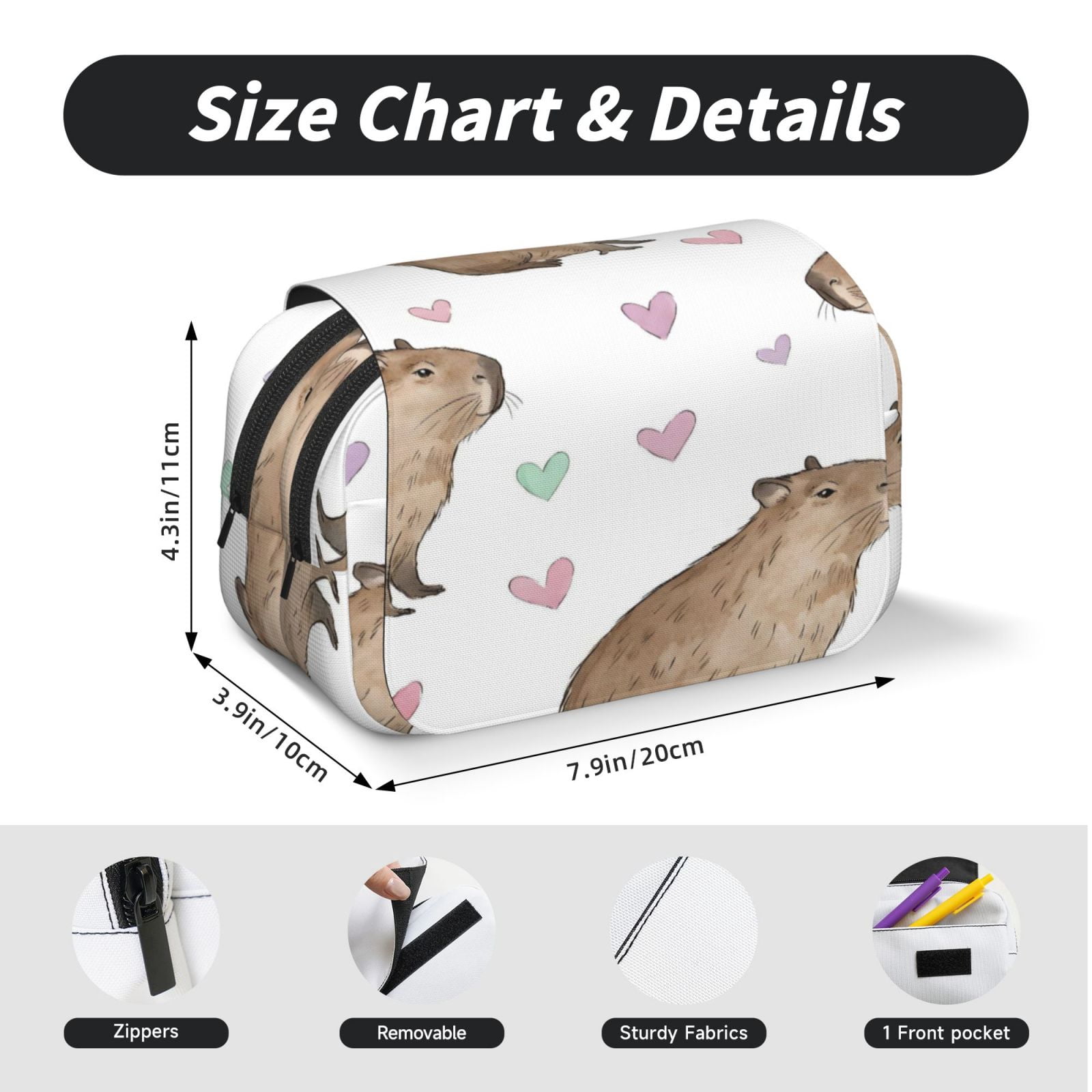 Large-Capacity Flip-Top Double-Layer Pencil Case, Multi-Functional Pocket Pen Case, Durable Stationery Organizer Capybara Heart Pattern (3)