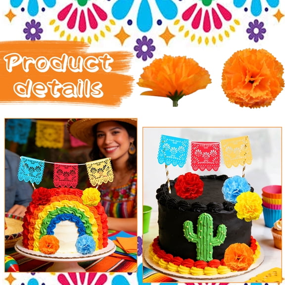Mexican Fiesta Cake Decorations - Vibrant Paper Flowers, Triangle Flags & Striped Straws Party Decor Set
