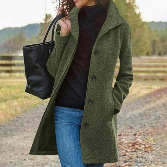 Guieoi Plus Size Jackets for Women Winter Solid Casual Thicken Wool Stand Collar inner Lining Pocket Breasted Faux Fur Coat Green