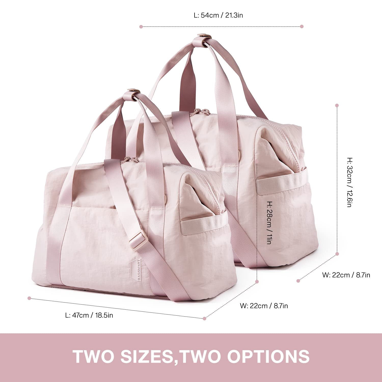 BAGSMART Travel Duffel Gym Bag for Women/Men, Weekender Carry on Overnight Bag, 30L Large Tote Bag Shoulder Handbags with Yoga Mat Bag Buckle & Trolley Sleeve, Pink