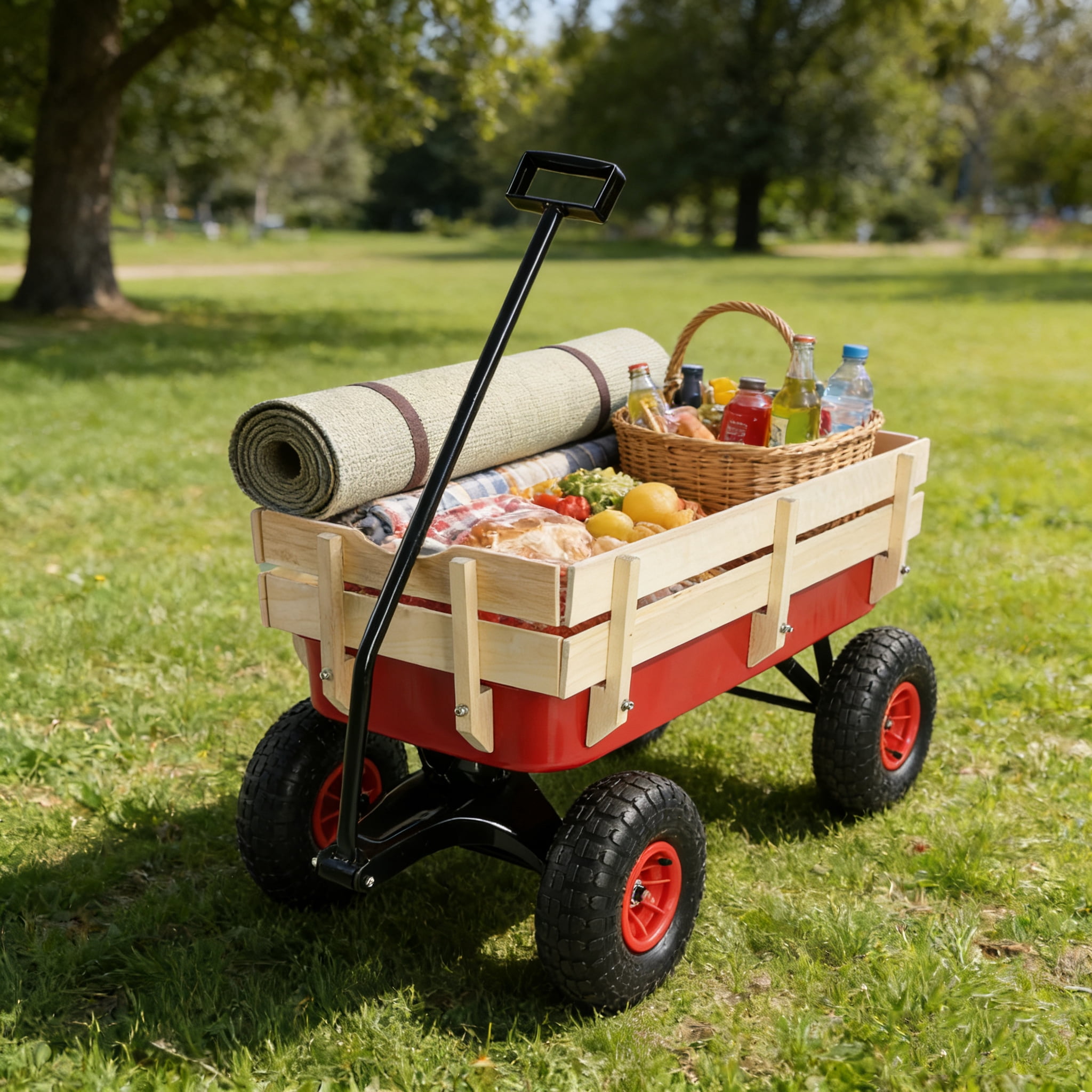 Outdoor Sport Wagon Tools Cart Wooden Side Panels 10 Inch Air Tires Heavy Duty Utility Cart 176LBS Capacity for Garden Camping Beach