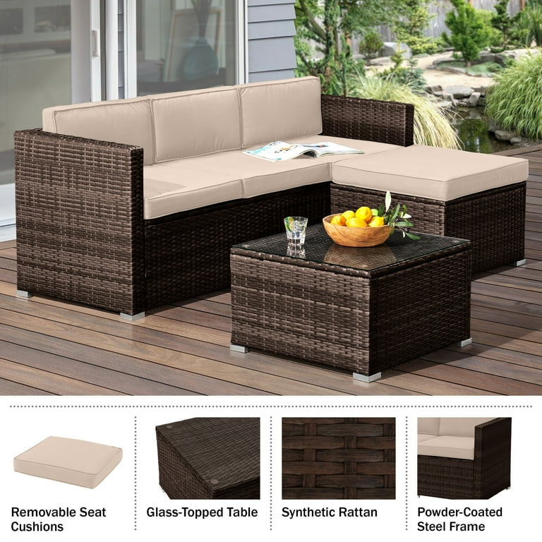 3 Piece Rattan Patio Furniture Set with Sectional and Table Brown
