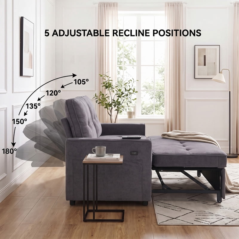 Gewnee 53” Sofa Bed, 3 in 1 Convertible Loveseat Sleeper Sofa, Pull Out Couch with USB Port, Futon Sofa Bed with Storage Pockets for Small Spaces, Teddy Fabric,Light Gray