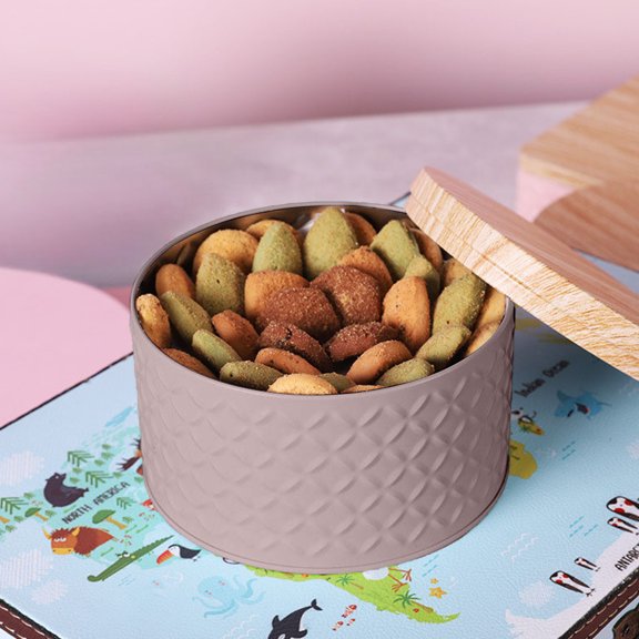 Metal Storage Box, 2025 Round Snack Tin Box with Wooden Lid Cookie Candy Dessert Storage Container for Baking Gifts Home Kitchen Organization