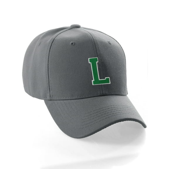 Classic Baseball Hat Custom A to Z Initial Team Letter, Charcoal Cap White Green Letter L