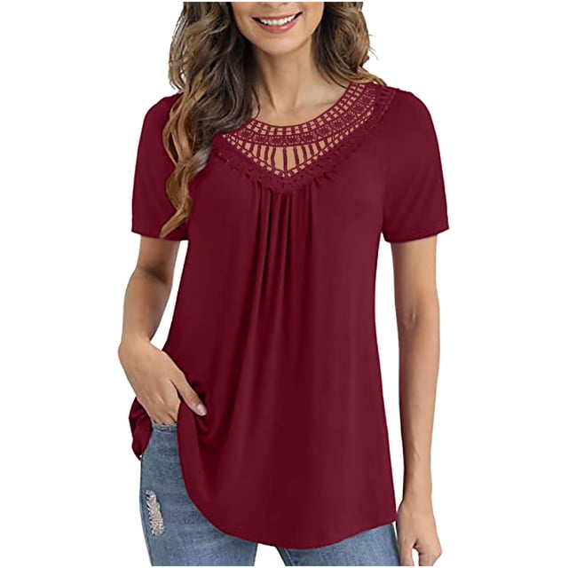 Tops de mujer Blusas con adornos de encaje de ganchillo Blusas de túnica plisadas elegantes de verano Camisetas de manga corta Pompotops hkajfhjk464235