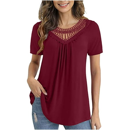 

Summer T-Shirt for Women Womens Tops Crochet Lace Trim Blouses Summer Dressy Pleated Tunic Tops Short Sleeve Tees Shirts Solid Color Cropped T Shirts for Women Wine XL
