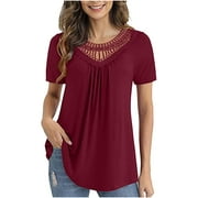 Fesfesfes Summer Tops for Womens Tops Crochet Lace Trim Blouses Summer Dressy Pleated Tunic Tops Short Sleeve Tees Shirts