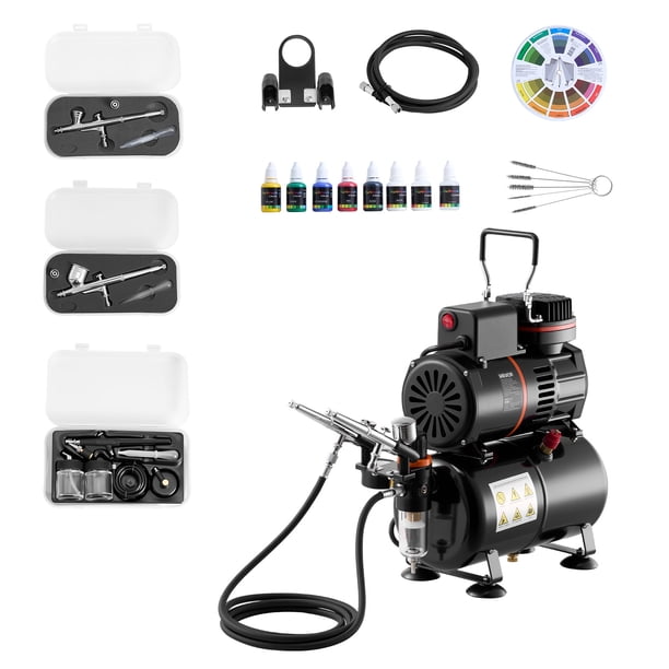 Kit de aerógrafo VEVOR, compresor de aire de 1/6 HP, 3 aerógrafos, 3 boquillas y tanque.