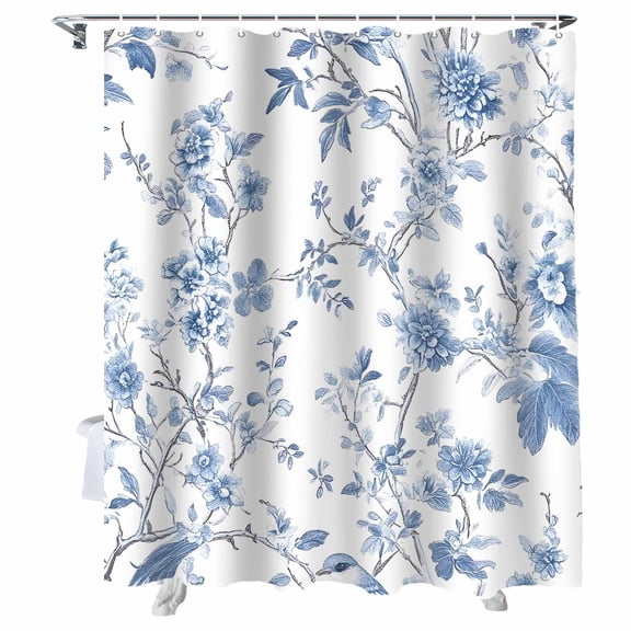 Shower Curtains Blue Flowers Bath Curtain Tree Branch Birds Waterproof Bathroom Shower Curtain Set with Hooks Decoration 72 x 84 Inches