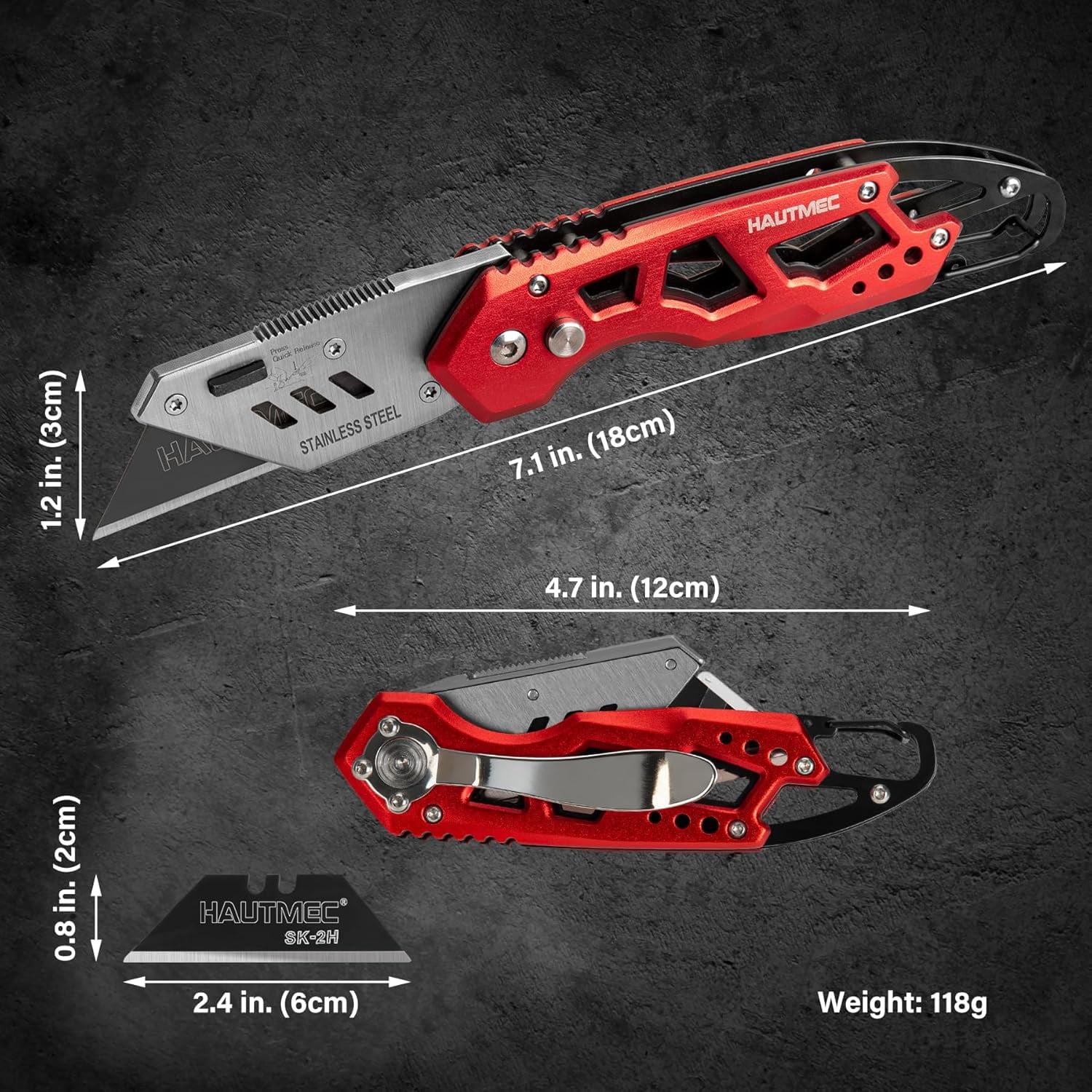 Folding Utility Knife, Heavy Duty Aluminum Box Cutter with Belt Clip & Carabiner, Ergonomic Hollow Design with Non-Slip Matte Finish, Extra 10PCS 2H Blades for Fast-Cutting Tas (HT0263)