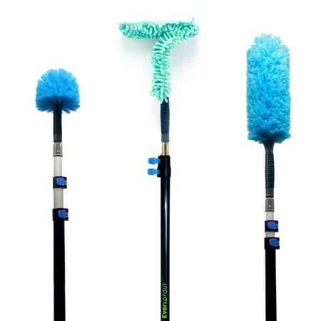 Ceiling Fan Duster Vacuum EVERSPROUT Duster 3-Pack with Extension-Pole (20+ Foot Reach) | Hand-packaged Cobweb Duster, Microfiber Feather Duster, Flexible Microfiber Ceiling & Fan Duster | Aluminum Telescopic Pole ()