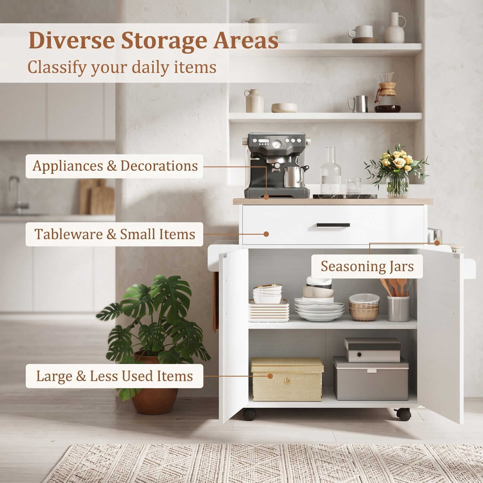 Furnibear Rolling Kitchen Island Cart with Storage Drawer, 2-Tier Cabinet, Spice Rack and Towel Bar, Portable Utility Cart on Locking Wheels for Kitchen Dining, White
