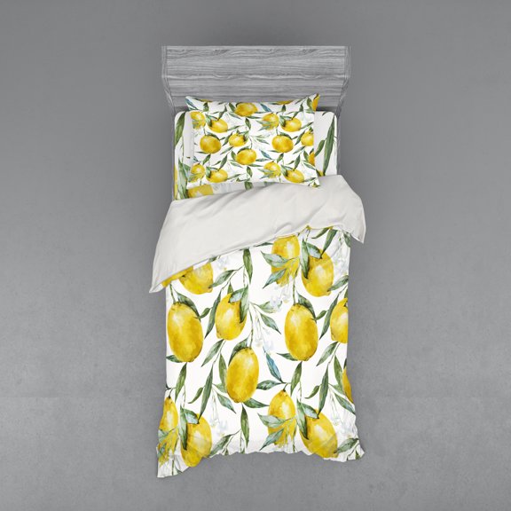 Ambesonne Garden Bedding Set 3 Pcs, Vibrant Citrus Plants, Twin XL, Olive Green Yellow