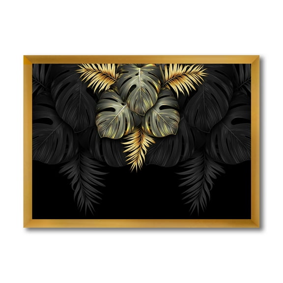 Designart 'Gold and Black Tropical Leaves IV' Modern Framed Art Print